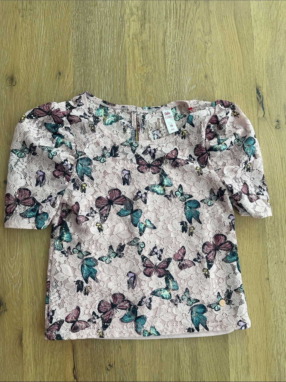 Justice Pink Lace Top with Teal and Purple Butterfly Print